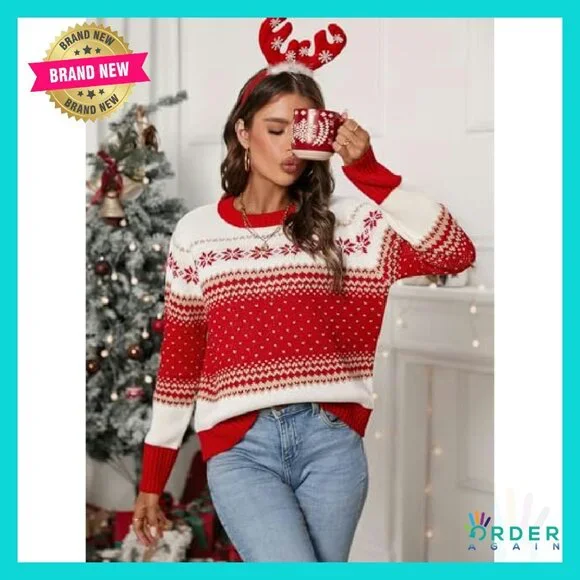 Festive Fair Isle Pullover Cozy Ribbed Knit Crewneck Holiday Sweater